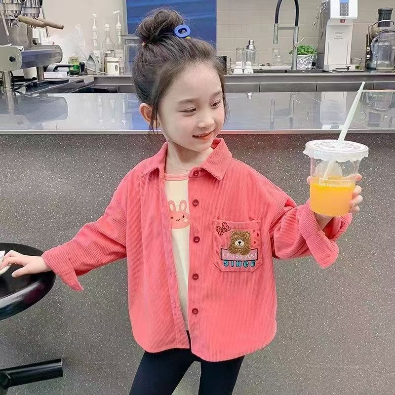 Girls' long-sleeved spring and autumn shirts, Korean-style corduroy shirts for small and medium-sized children, fashionable children's autumn top coats, trendy Specification drawing