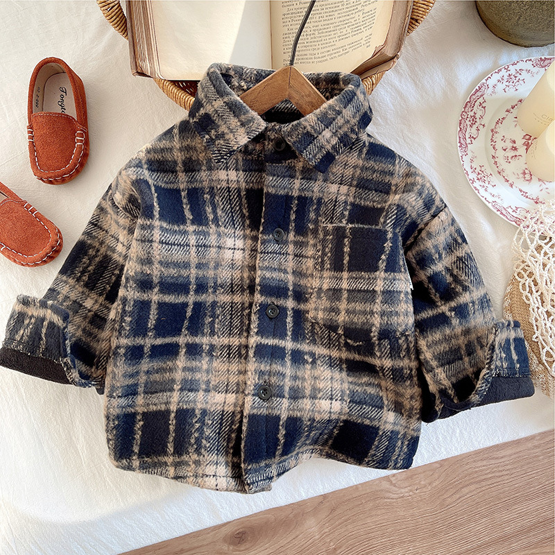 New autumn and winter children's American retro brushed plaid shirts with fleece pockets and fleece jackets for boys and girls details Picture