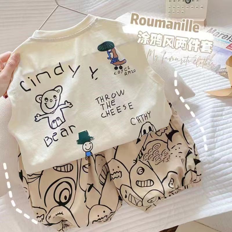 New 2024 summer Korean style graffiti pants and vest set for boys and girls, stylish and casual two-piece set full figure