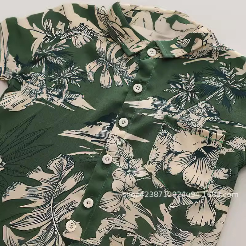 Boys' short-sleeved shirt 2023 summer style Korean baby beach vacation shirt Children's seaside Stylish two-piece set Application Scenario