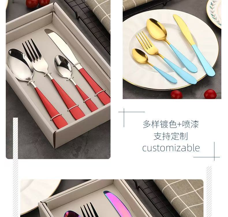 简约不锈钢镀金西餐具套装酒店刀叉勺四件套牛排刀甜品勺跨境批发详情3