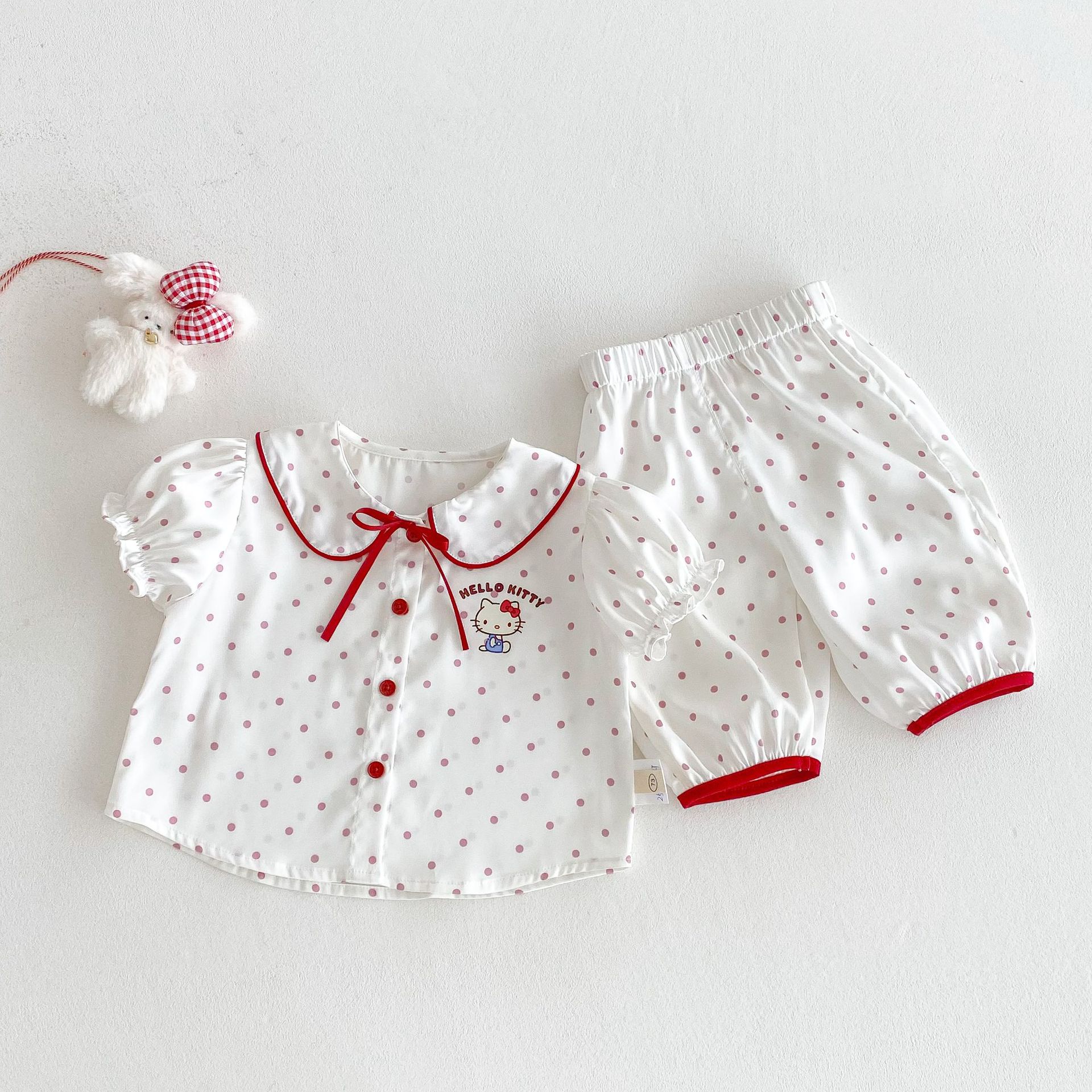 Girls' polka dot Set 2025 New Summer Baby stylish Cartoon home wear, children's sweet pajamas and pajama pants trend details Picture