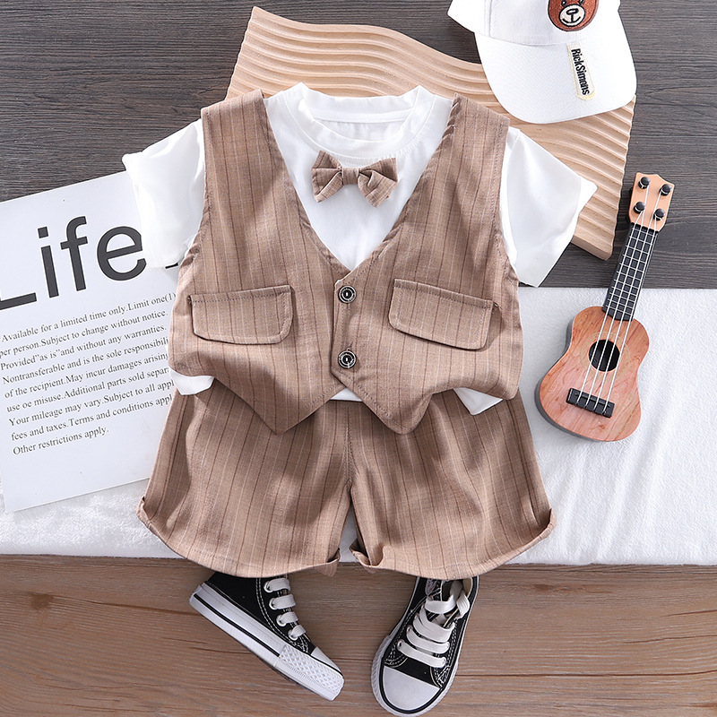 Wholesale children's clothing LQ bow tie stylish checked suit fake two-piece short-sleeved top 2024 summer new children's set details Picture