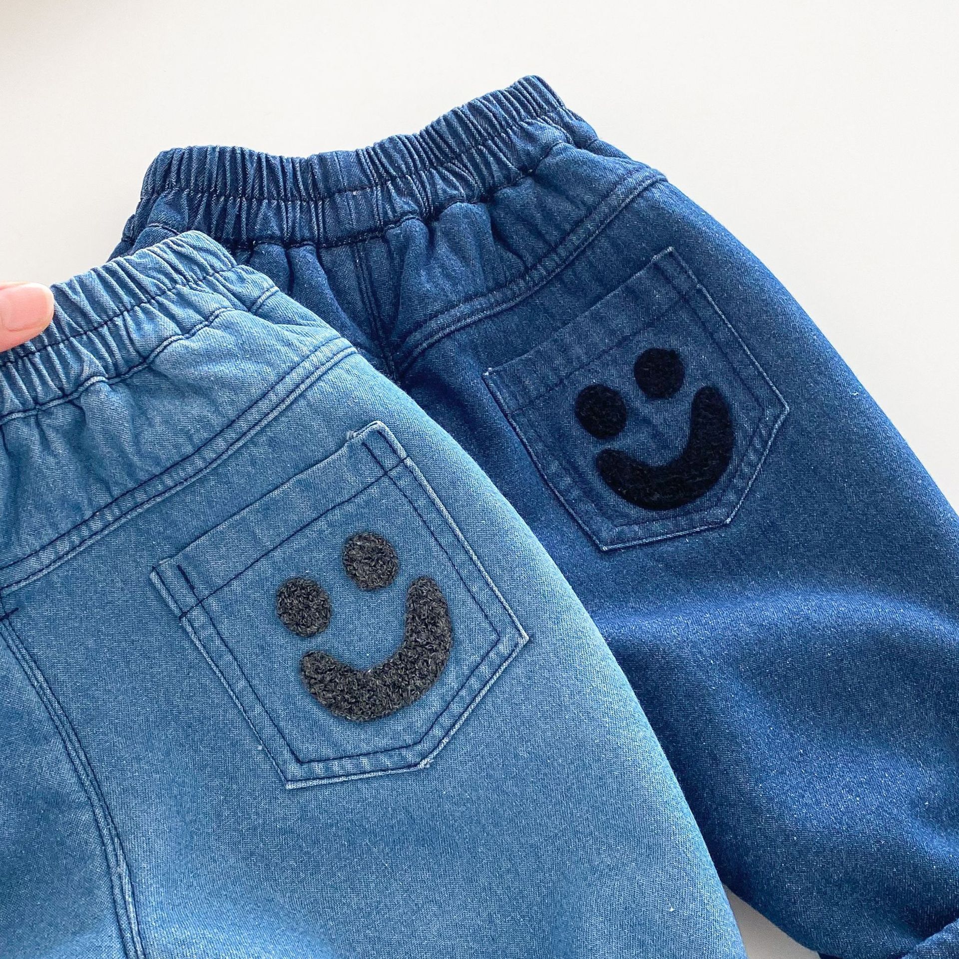 Children's smiling face jeans for 0-5 years old winter, stylish and fleece smiling face jeans for boys and girls, trendy AK499 Specification drawing