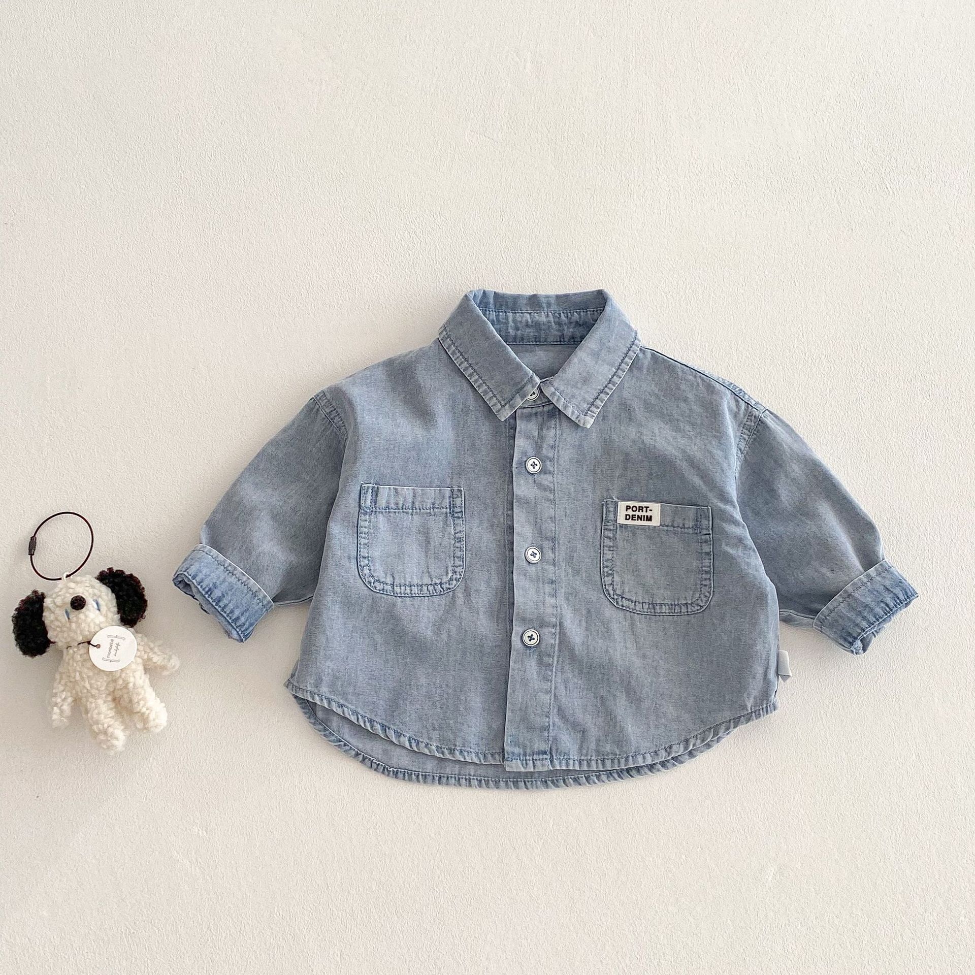 Children's denim shirt 2025 New style, 0-5 years old spring Boys' labeled Korean-style shirt, trendy baby solid color spring wear full figure