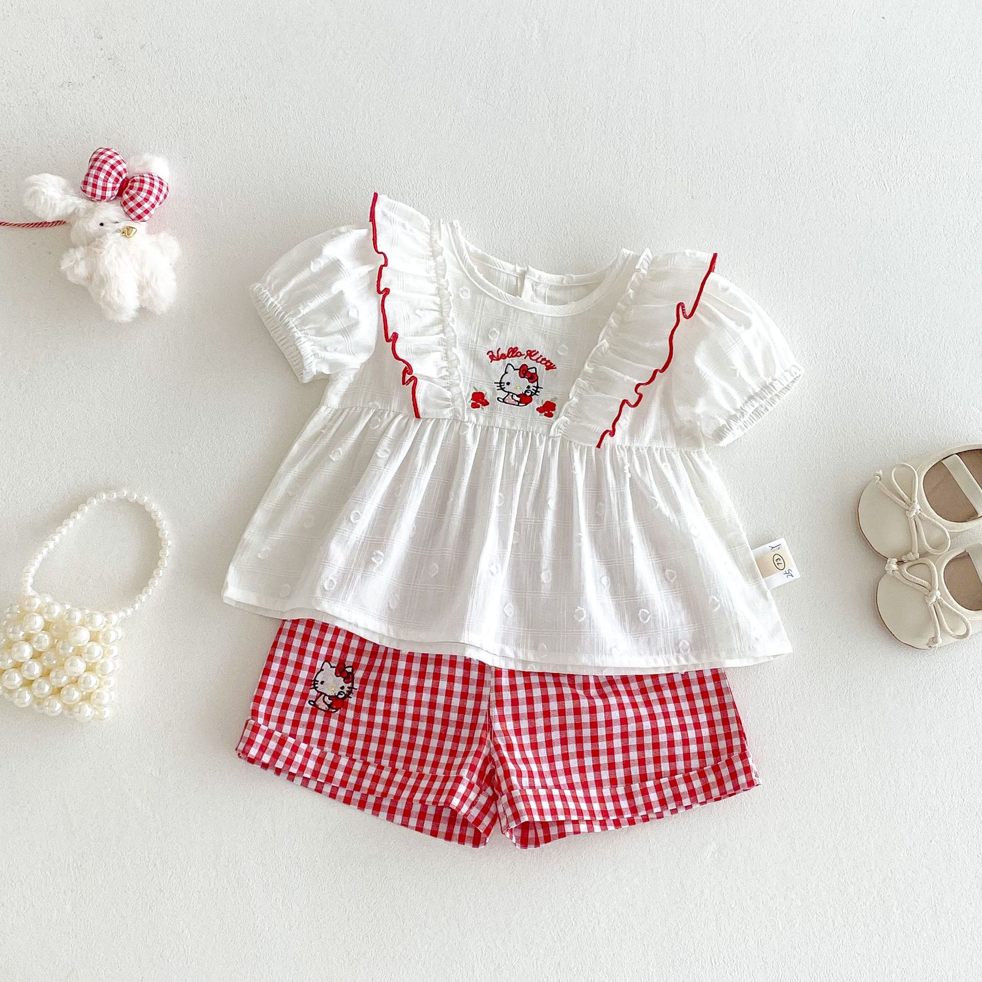 Girls' cartoon doll shirt 2025 new style summer baby girl embroidered cat T-shirt Children's Korean checkered shorts full figure