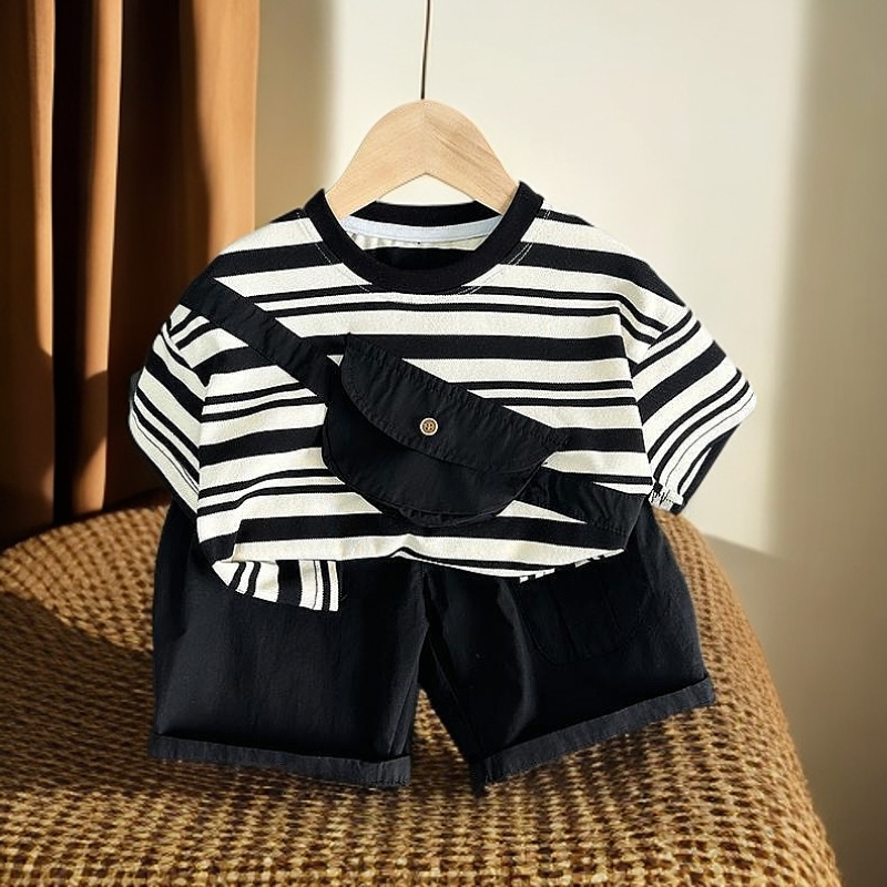 Summer light suit for boys, baby clothes, striped and stylish short-sleeved T-shirt, two-piece summer set for babies details Picture