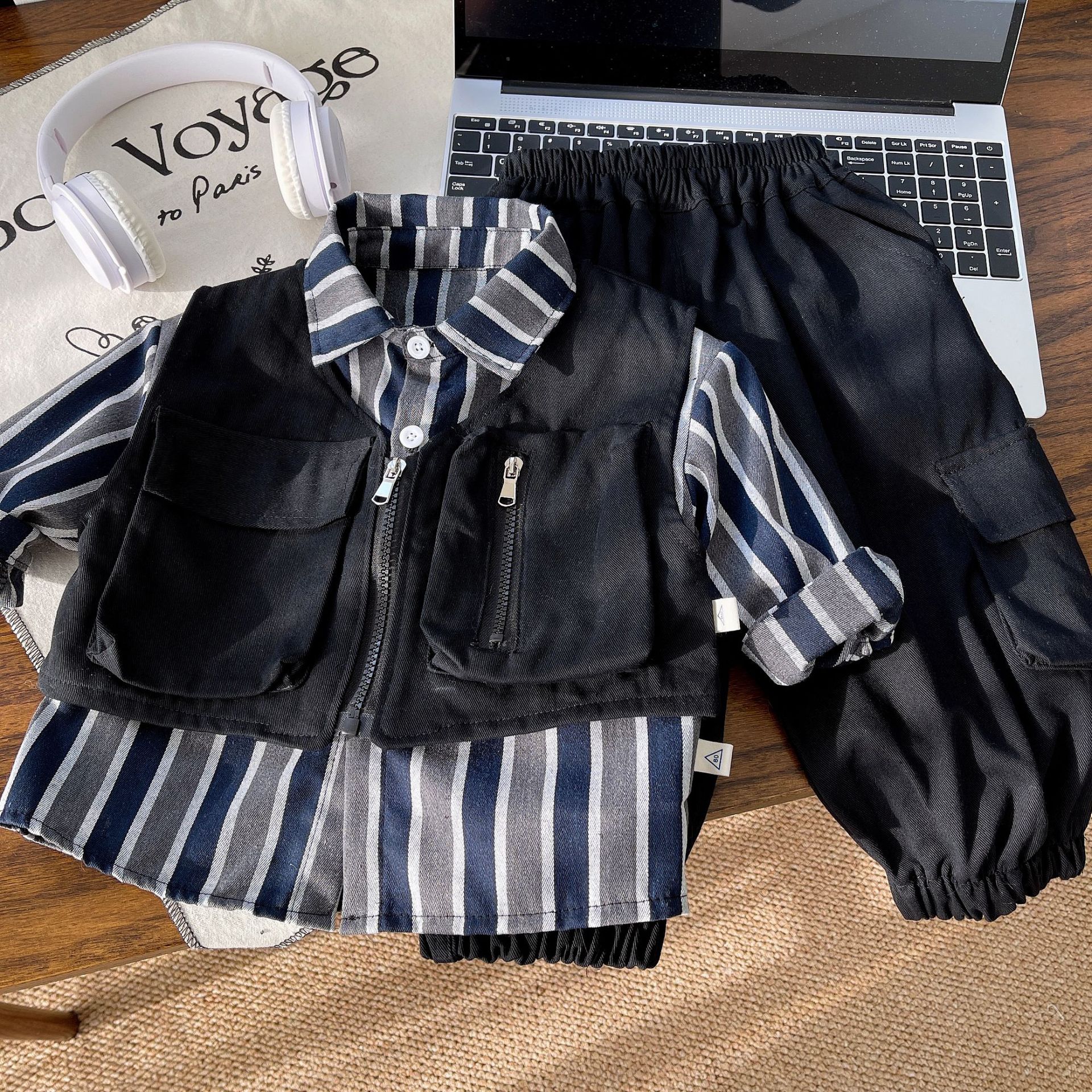 Ouba three-piece Boys' striped shirt set, new Spring and autumn children's trendy set, small and medium-sized children's clothing full figure