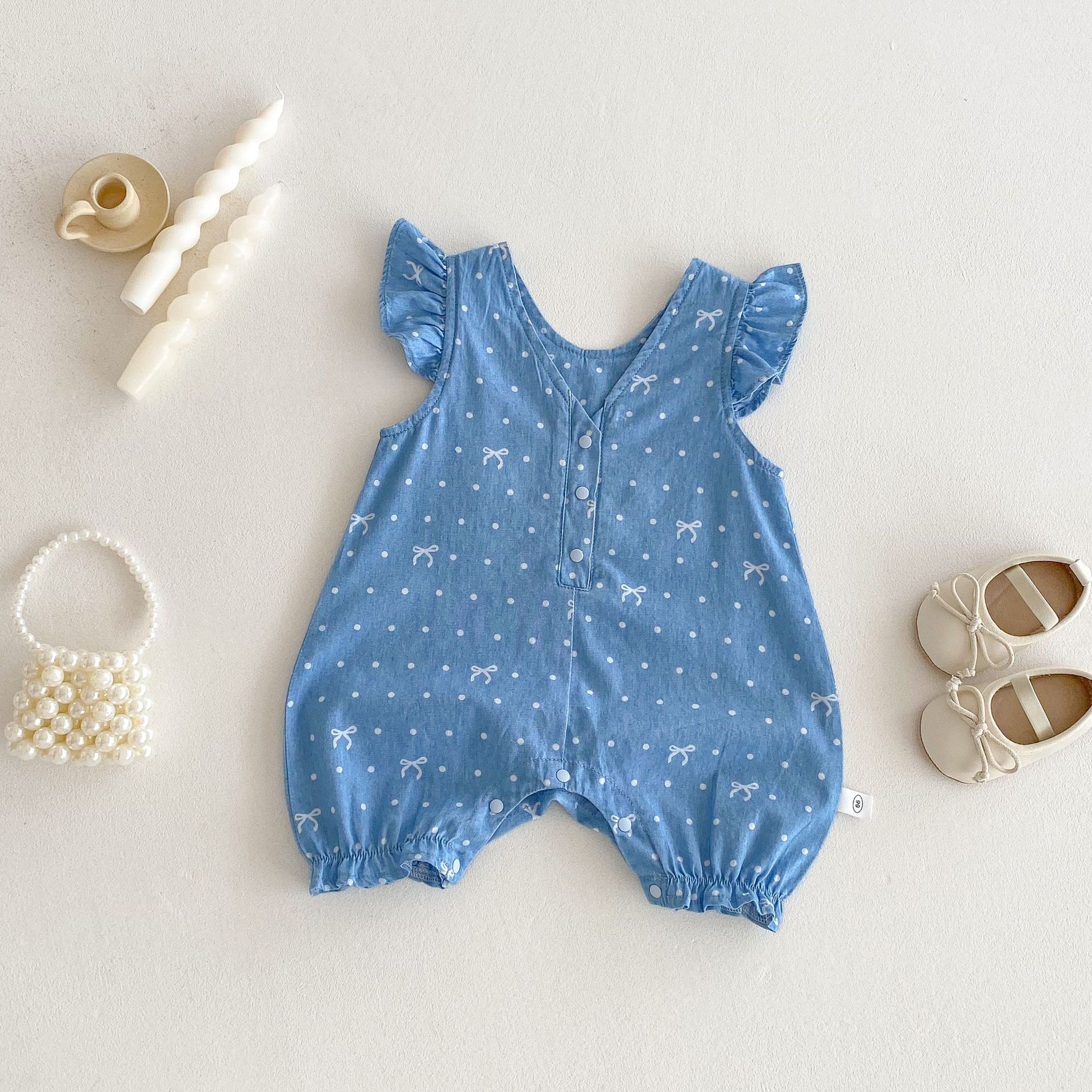 Baby bow crawling suit 2025 New summer baby Korean-style flying sleeve denim bottom wrap, trendy newborn clothing Specification drawing
