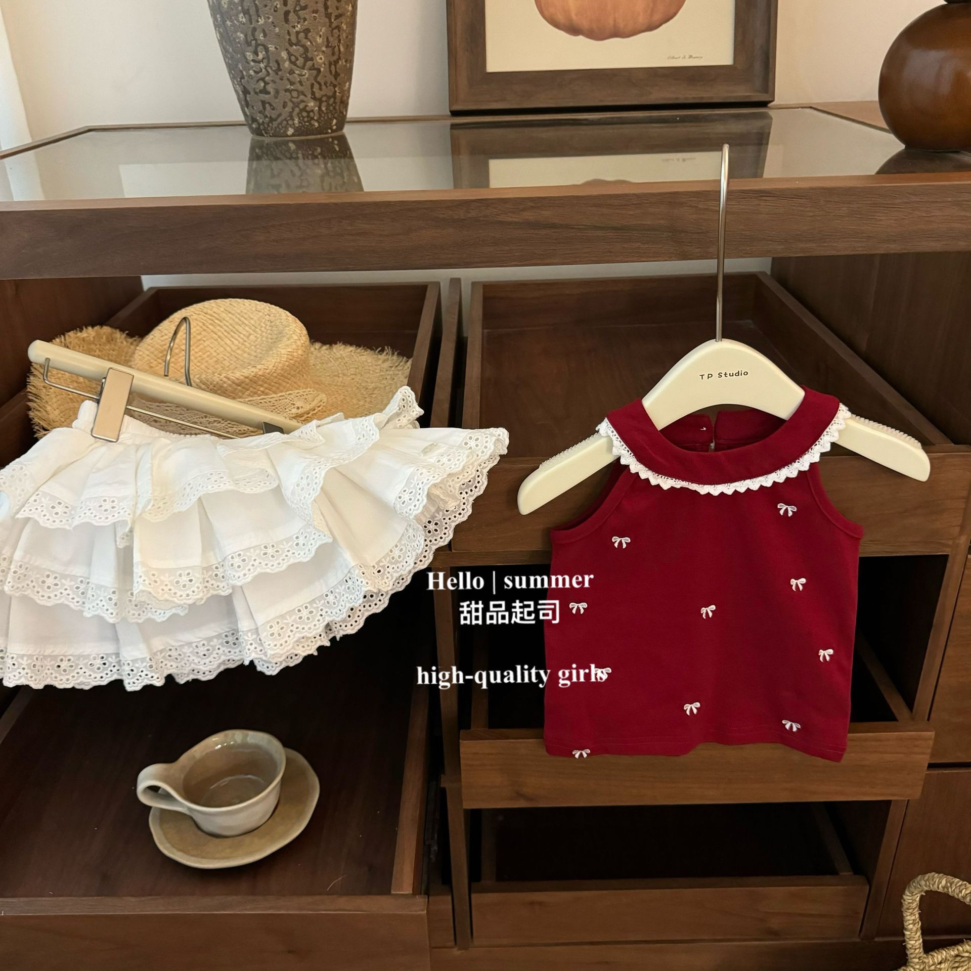 Ballet Aesthetics! 2025 Girls' Summer Red Bow Print Vest with Cutout Cake Skirt and Pants Set Application Scenario