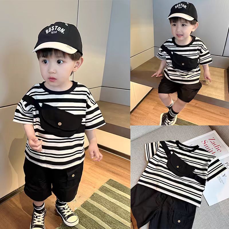 Summer light suit for boys, baby clothes, striped and stylish short-sleeved T-shirt, two-piece summer set for babies full figure