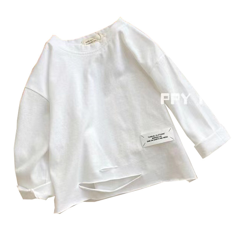Label perforated single T-shirt, white cotton thin long-sleeved T-shirt for boys, spring and autumn new style baby solid color top base layer Item Picture