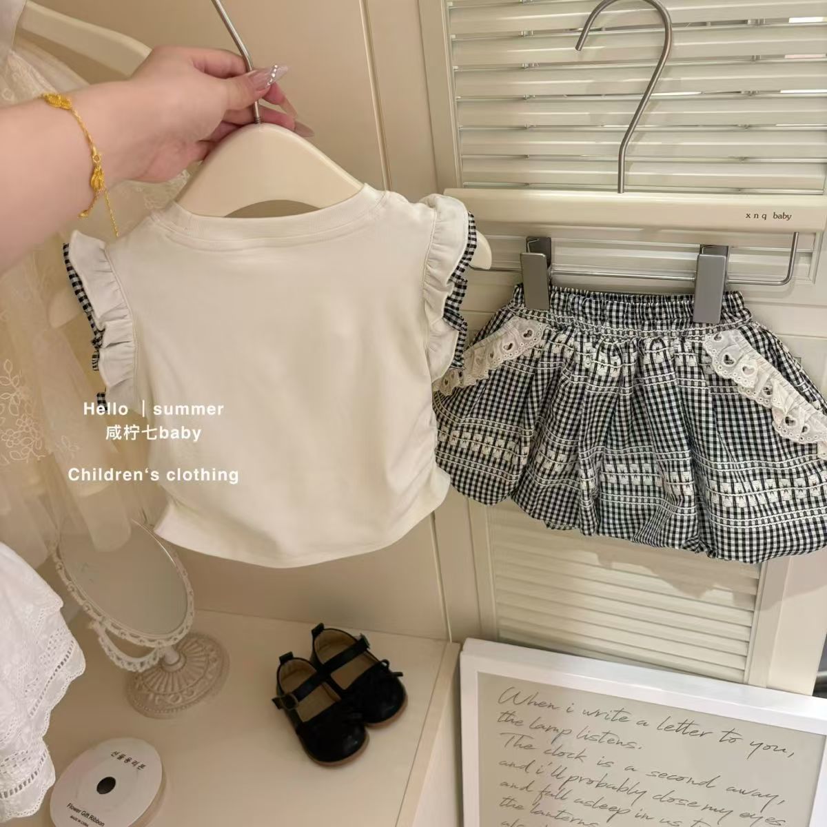 Girls' Summer Bow Vest Set 2025 Fashionable checked Shorts Stylish Set New Summer two-piece set Specification drawing