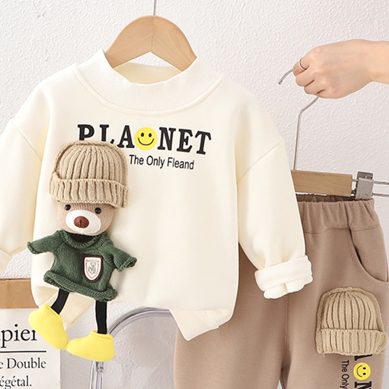 The 2023 autumn and winter new unisex men's and girls' fleece round-neck hoodie long-sleeved set and warm trousers two-piece set are trendy Specification drawing