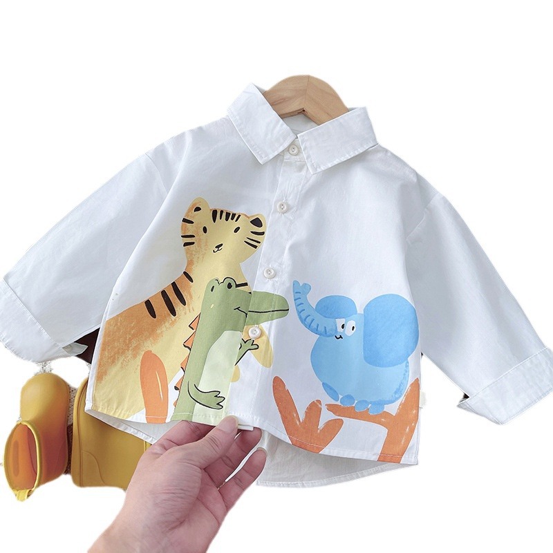 Double Elephant Shirt Children's cute cartoon animal ins style boys' top shirt fresh white printed children's clothing Item Picture