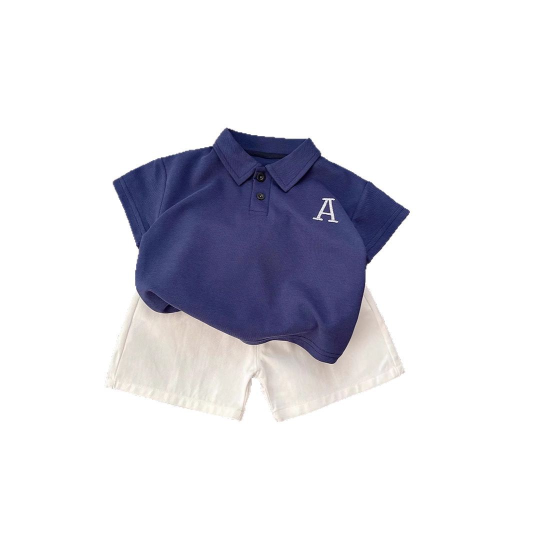 Korean children's summer new embroidered polo shirts for boys and girls, baby short sleeves and shorts, stylish two-piece set, trendy Item Picture