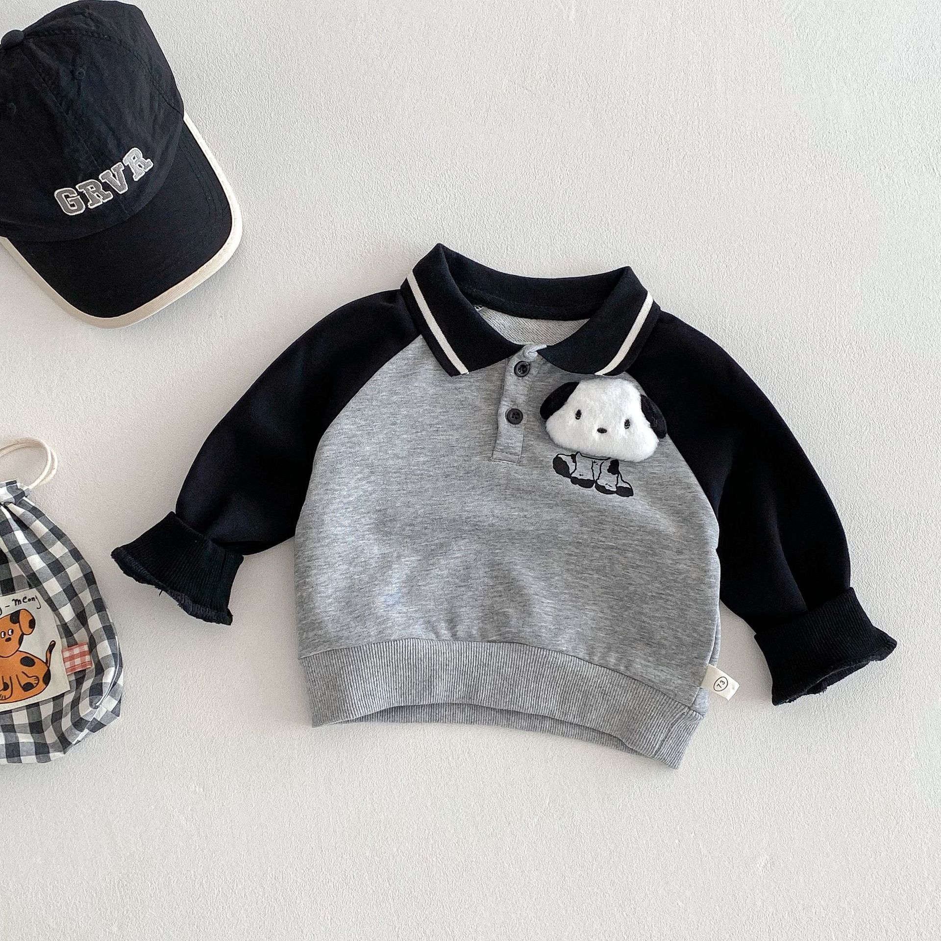 Children's cartoon doll hoodie 2025 new spring Boys' color-block pullover, baby Korean style spring Polo shirt full figure