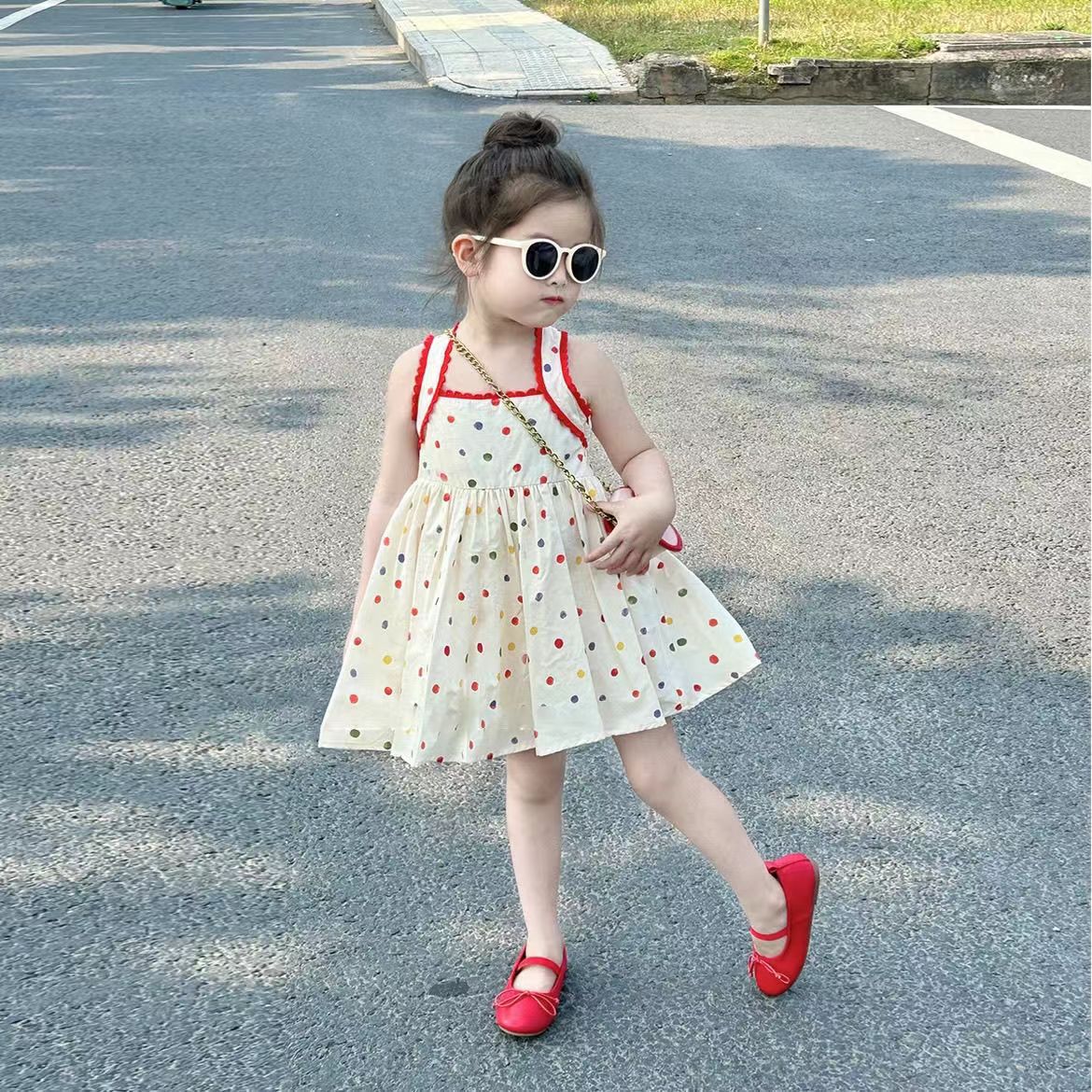 Korean children's clothing 2024 Summer new style girls' colorful polka dot halter dress, sleeveless vest dress trend for baby girls full figure