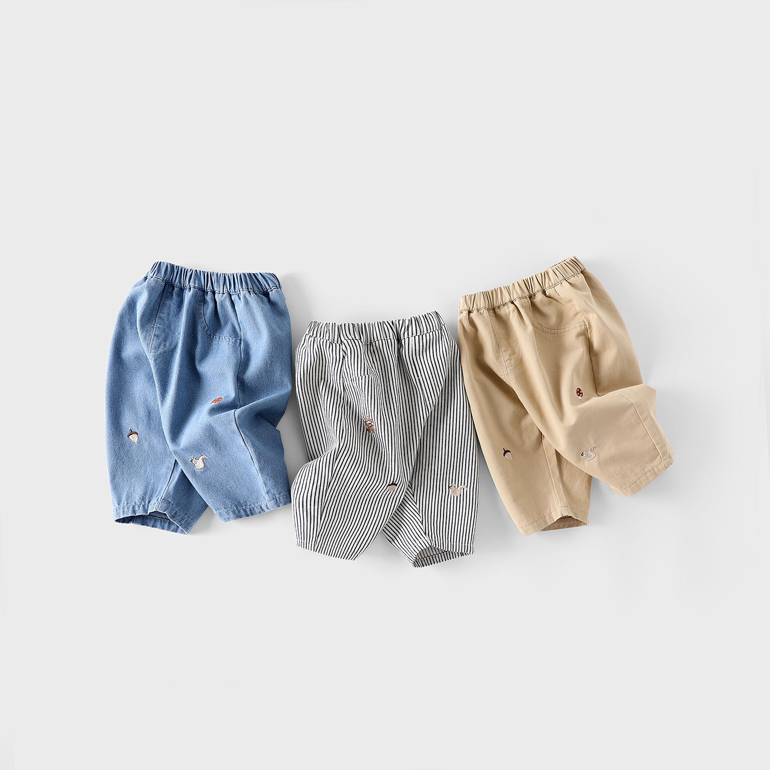 Children's embroidered radish pants 2025 New autumn Boys' fashionable cartoon jeans, trendy baby striped casual pants full figure