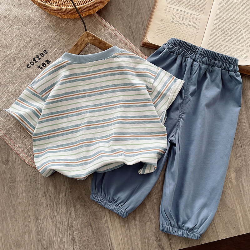 The new summer set for boys in 2025 features a trendy kids' striped short-sleeved casual thin mosquito-proof lantern pants Specification drawing