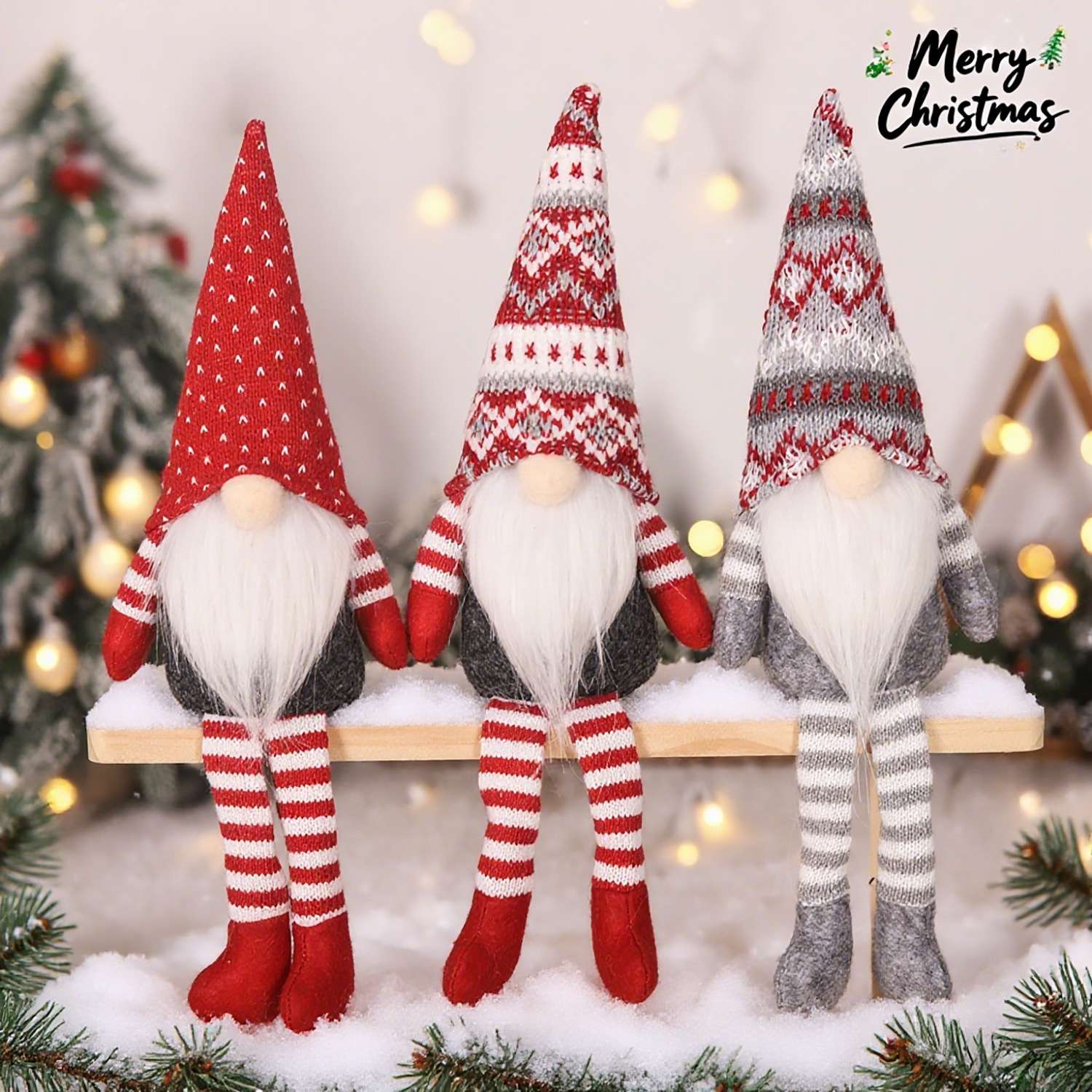 坐姿老人公仔针织帽无脸娃娃橱窗摆件圣诞摆件氛围布置