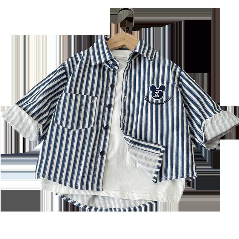Now in stock: Embroidered blue striped shirts for boys, fashionable striped shirts for children, light jackets for kids, and casual shirts for small and medium-sized children Item Picture