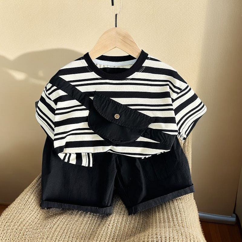 Summer light suit for boys, baby clothes, striped and stylish short-sleeved T-shirt, two-piece summer set for babies Specification drawing