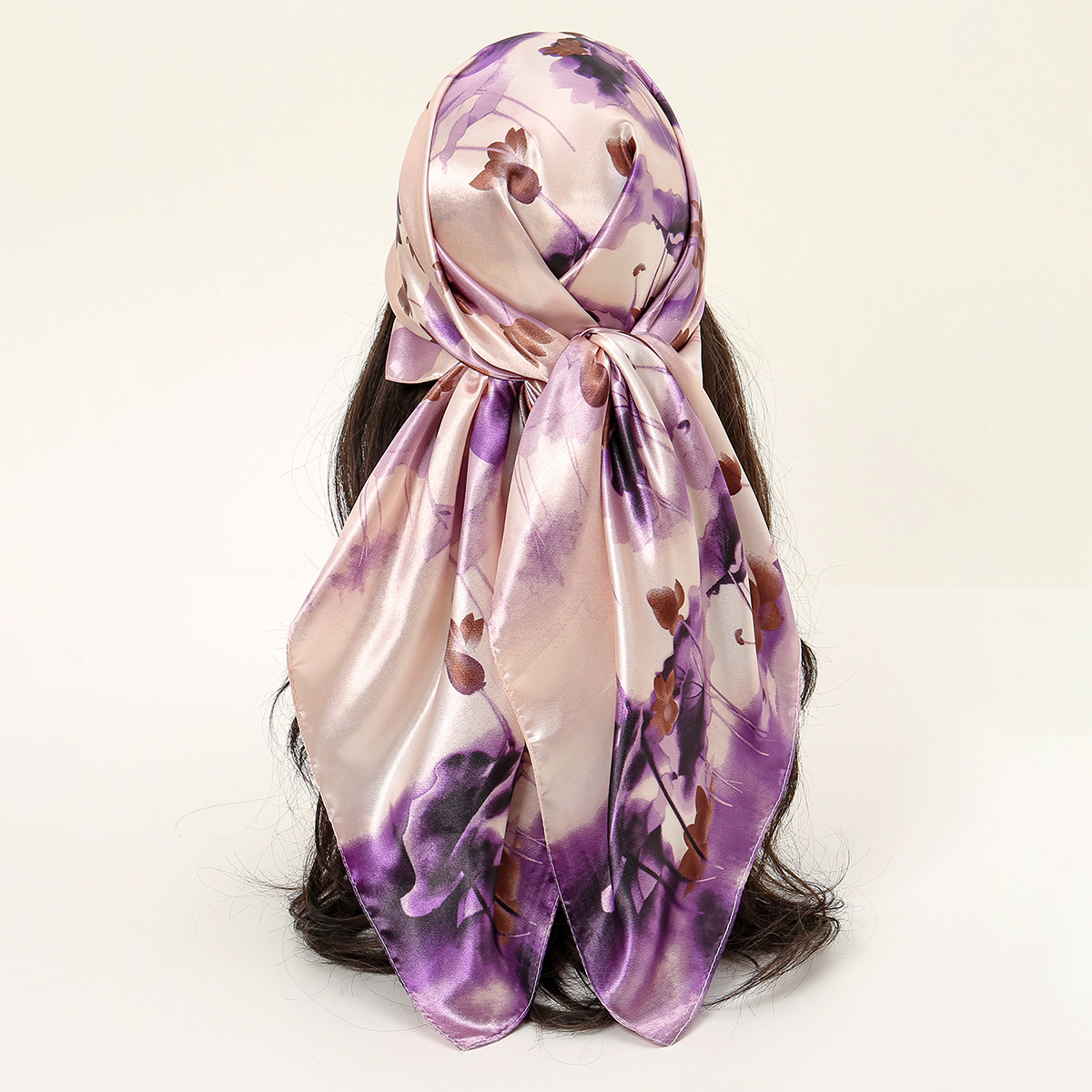 New lotus print square scarf and scarf for foreign trade, realistic style, European and American, 90cm fashionable women's hip-hop silk headscarf and square scarf Application Scenario
