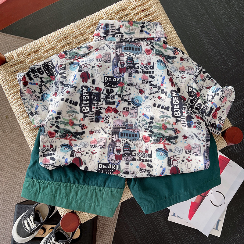 Boys' floral shirt 2024 Summer Korean style fashionable cartoon shirt Children's casual shorts Baby overalls trendy details Picture