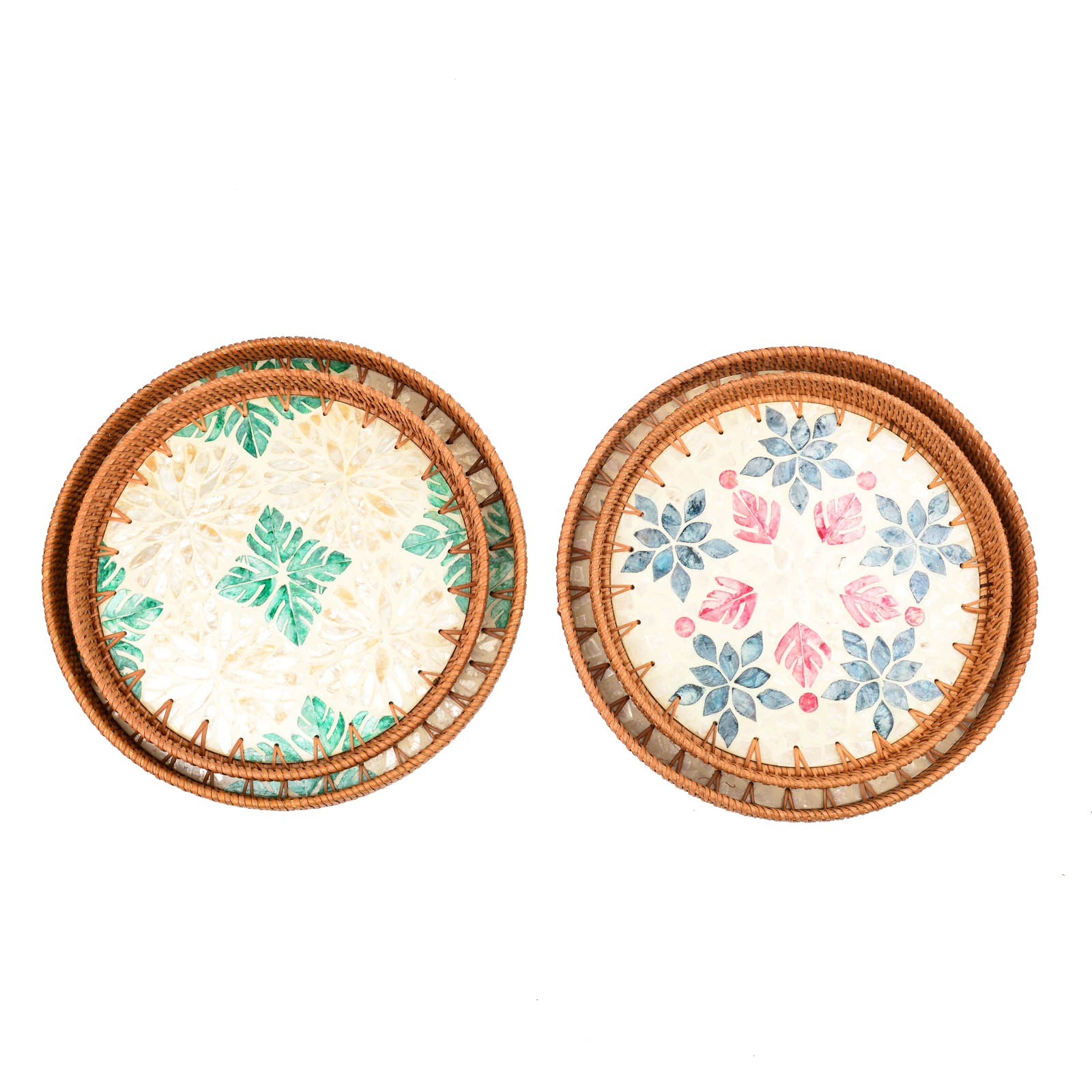 批发藤编手工编织点心创意果盘客厅装饰圆形双耳彩色贝壳零食托盘