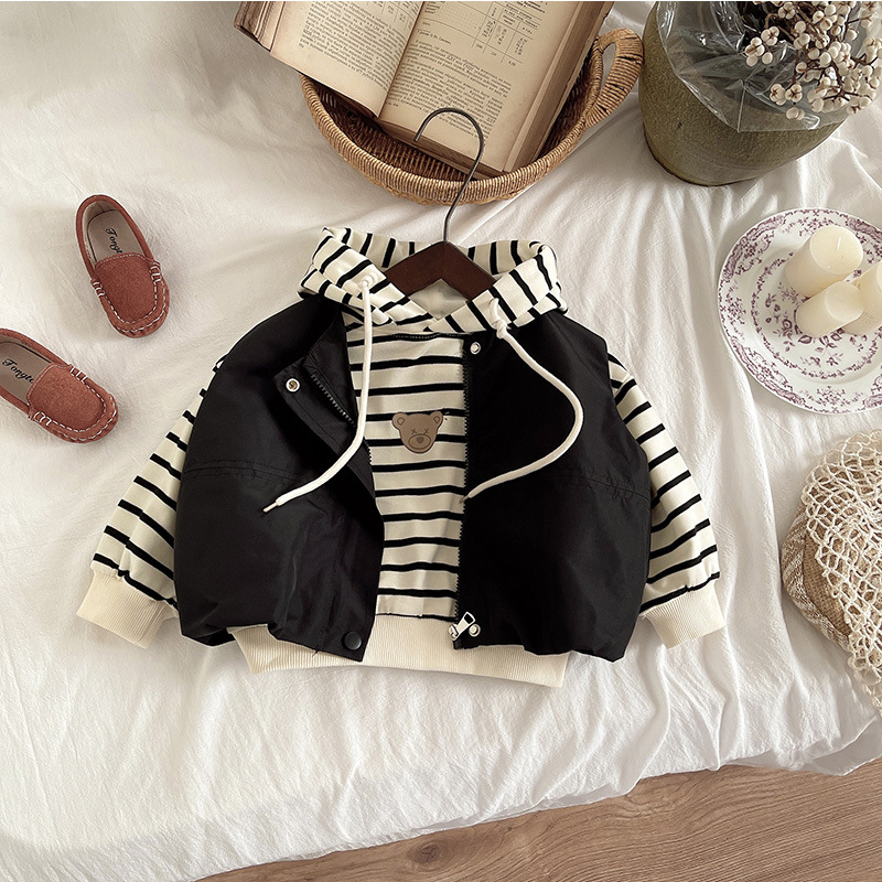 Striped sporty casual style hooded boys' top, men's autumn thin vest unisex spring and autumn three-piece set Item Picture