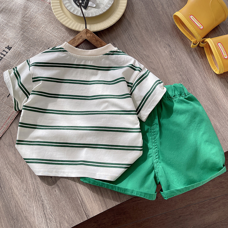Trendy boys' striped short-sleeved set 2025 New summer dress for kids, Korean style T-shirt and shorts two-piece baby top Application Scenario