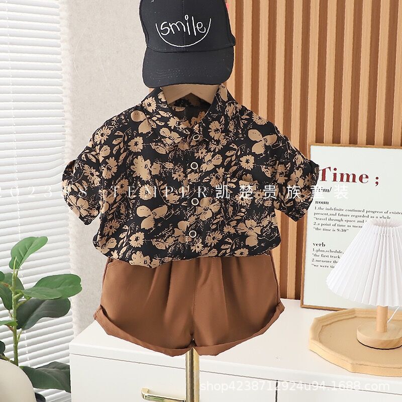Summer Chiffon cotton shirt short-sleeved 2023 Breathable new style for children and boys Korean summer shorts two-piece set details Picture