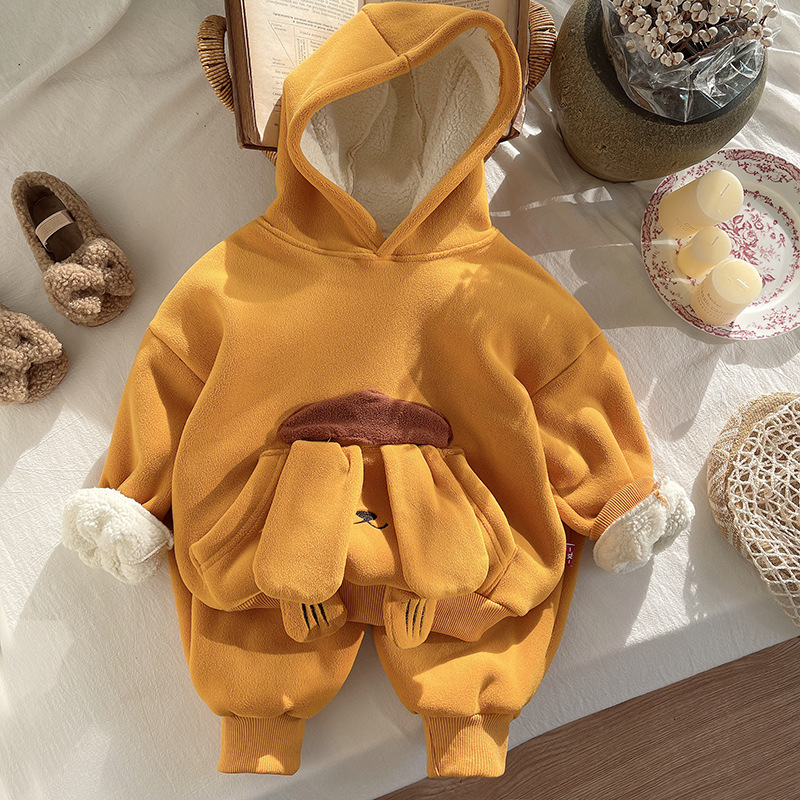 New children's autumn and winter sports set: Cute cartoon thickened, fleece and fig-like cat set, casual two-piece sweatshirt full figure