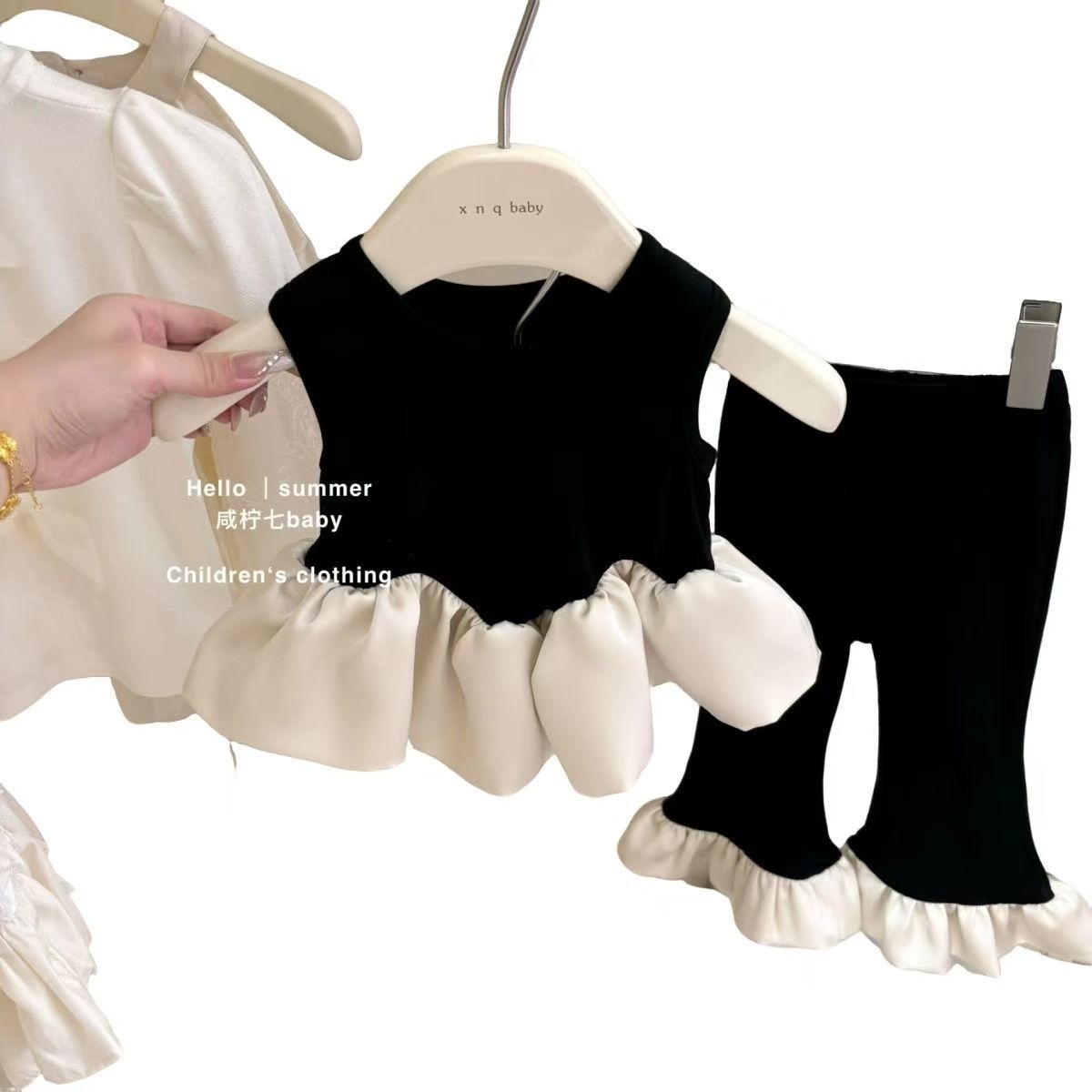 The 2025 Black Swan Girls' Set, a stylish summer new lotus leaf lace vest for girls, is a micro-horn Internet celebrity Specification drawing