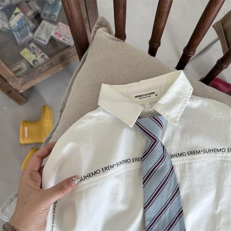 (New) Tie letter shirt for boys and girls, long-sleeved tie letter shirt for babies, school style, simple children's white shirt Application Scenario