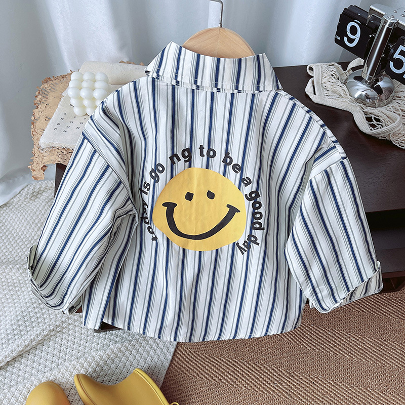 Fashion shirt: Korean Boys' Trendy 2024 Autumn New Style with vertical stripes and smiling faces Application Scenario
