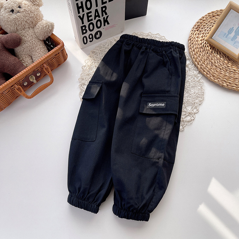 Boys' long pants 2023 Spring and Autumn style Children's black slop work pants Loose casual pants Boys' baby looks stylish details Picture