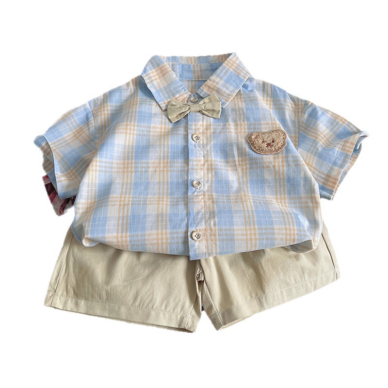 A new summer set for boys, featuring a stylish children's short-sleeved shirt with a checkered pattern and a cool two-piece Korean-style baby summer outfit Item Picture
