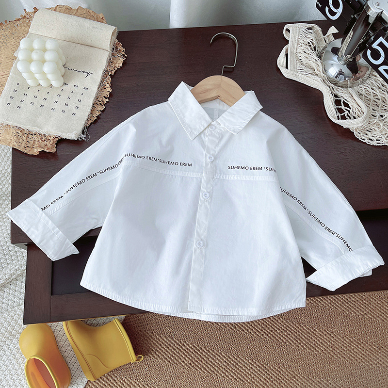 (New) Tie letter shirt for boys and girls, long-sleeved tie letter shirt for babies, school style, simple children's white shirt details Picture
