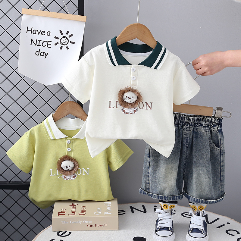 A new summer 2024 Korean-style children's short-sleeved and short-shorts set featuring lion for boys Specification drawing