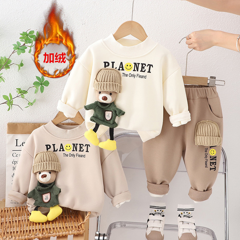 Boys' Autumn and Winter Set 2023 New Style Girls' Stylish Korean-style baby hoodie with fleece pants details Picture