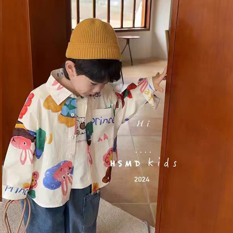 Children's cartoon shirt for boys Spring and Autumn 2024 new spring style, cute and stylish printed top for kids, trendy Application Scenario