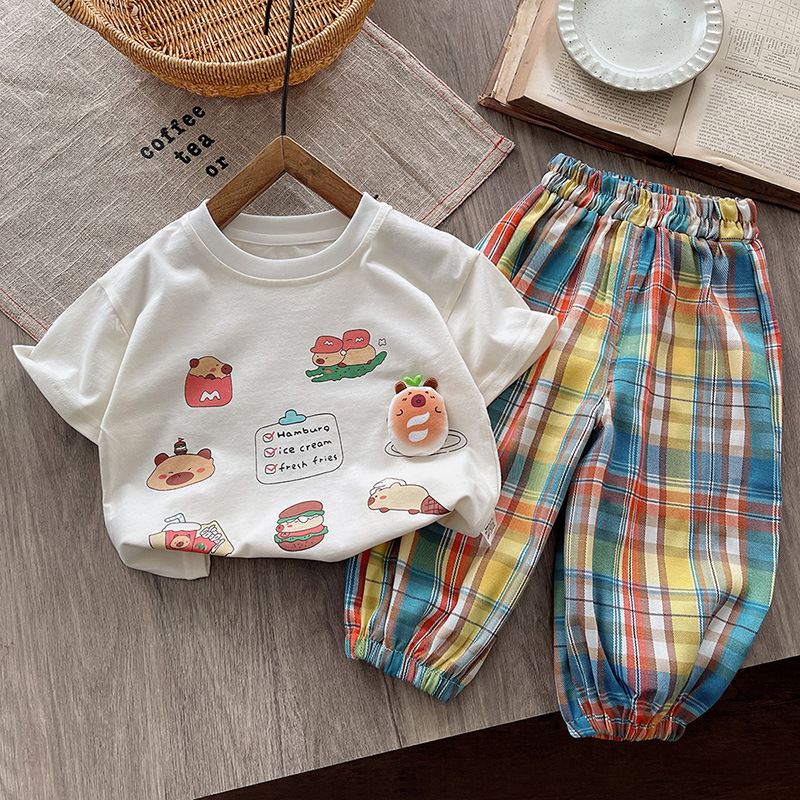 Children's short-sleeved set 2025 Summer new cartoon boys' and girls' short-sleeved T-shirt top checked pants Stylish and trendy full figure