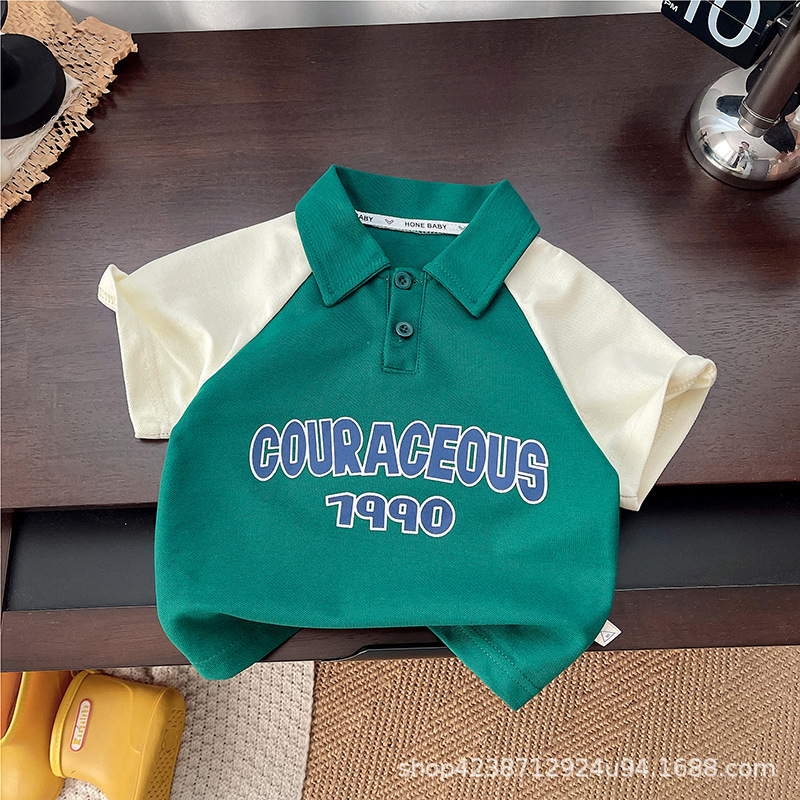 A trendy short-sleeved set for boys and girls in the summer of 2025, a printed letter color-blocked POLO shirt, and a pullover for children Specification drawing