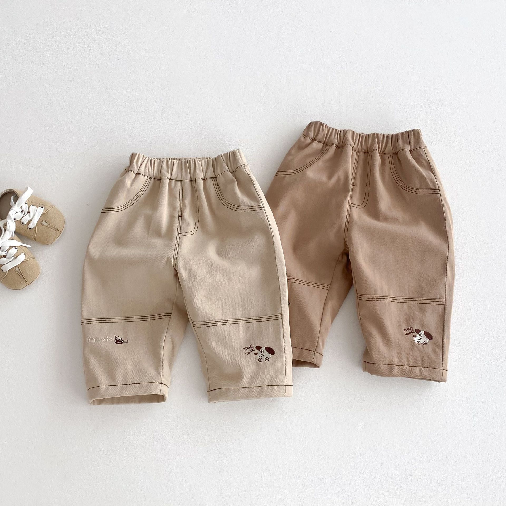 Boys' Korean-style fleece pants, winter A-class baby fleece work pants, children's fashionable embroidered cartoon pants AK514 full figure