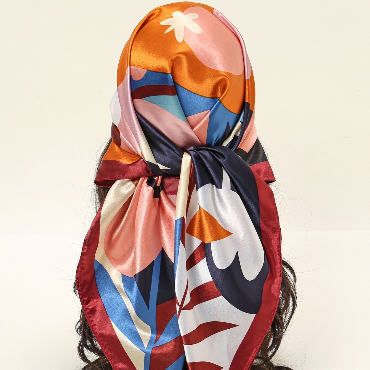Retro cartoon flower imitation silk small scarf, women's spring and autumn decorative neckerchief, square scarf, thin scarf, printed gauze scarf full figure