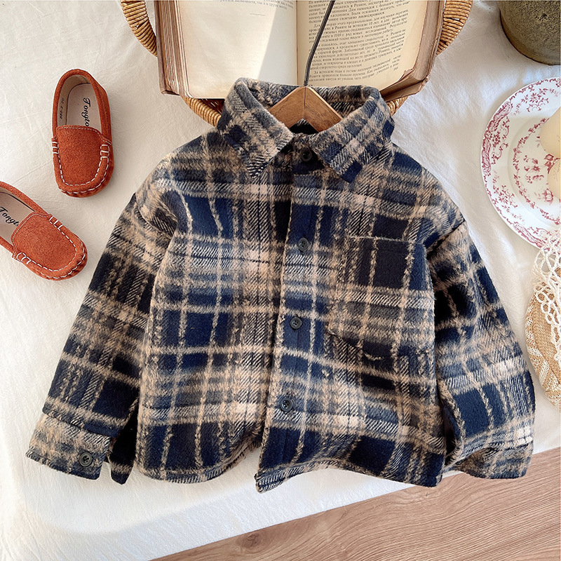 New autumn and winter children's American retro brushed plaid shirts with fleece pockets and fleece jackets for boys and girls full figure