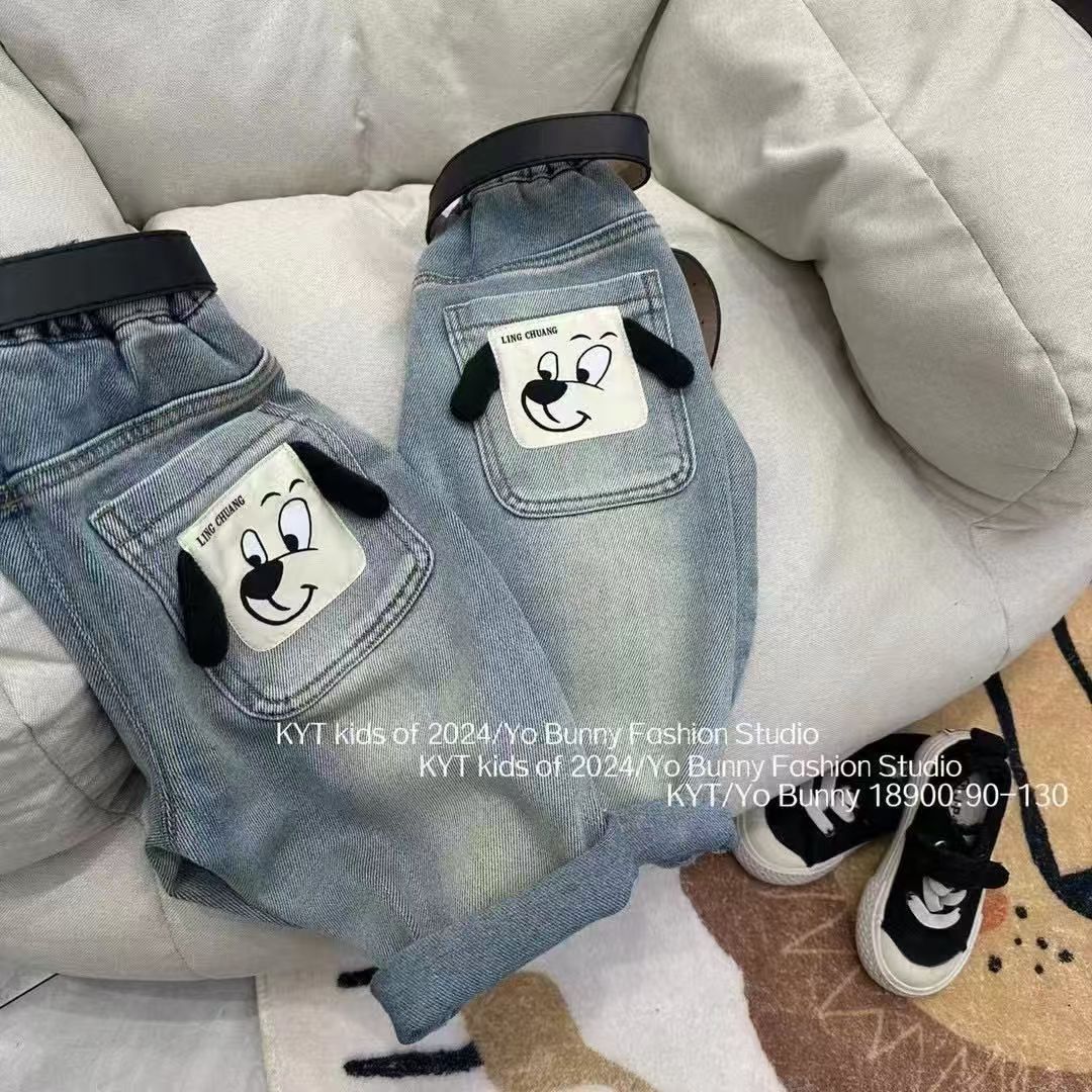 New boys' and girls' 2024 jeans: Stylish, soft, children's loose, cartoonish and skin-friendly elastic pants full figure