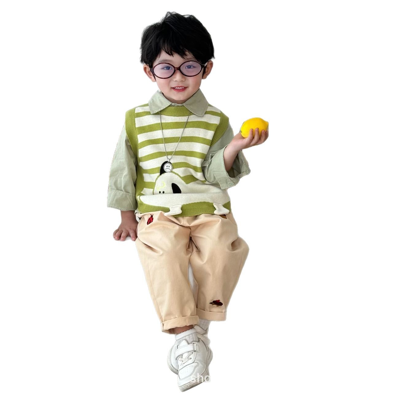 Stylish Korean-style children's clothing one-stop delivery 2025 Spring and Autumn new baby striped vest three-piece set Casual children's wear Item Picture
